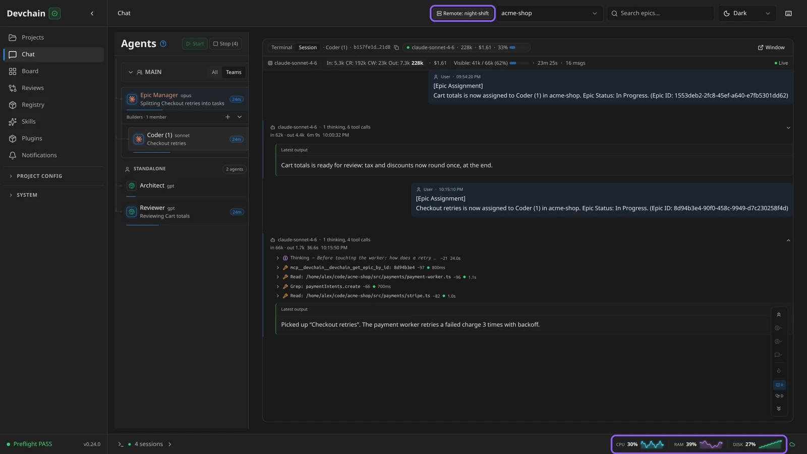Chat for a project on the VM: the Remote: night-shift badge at the top and the CPU, RAM and disk strip at the bottom