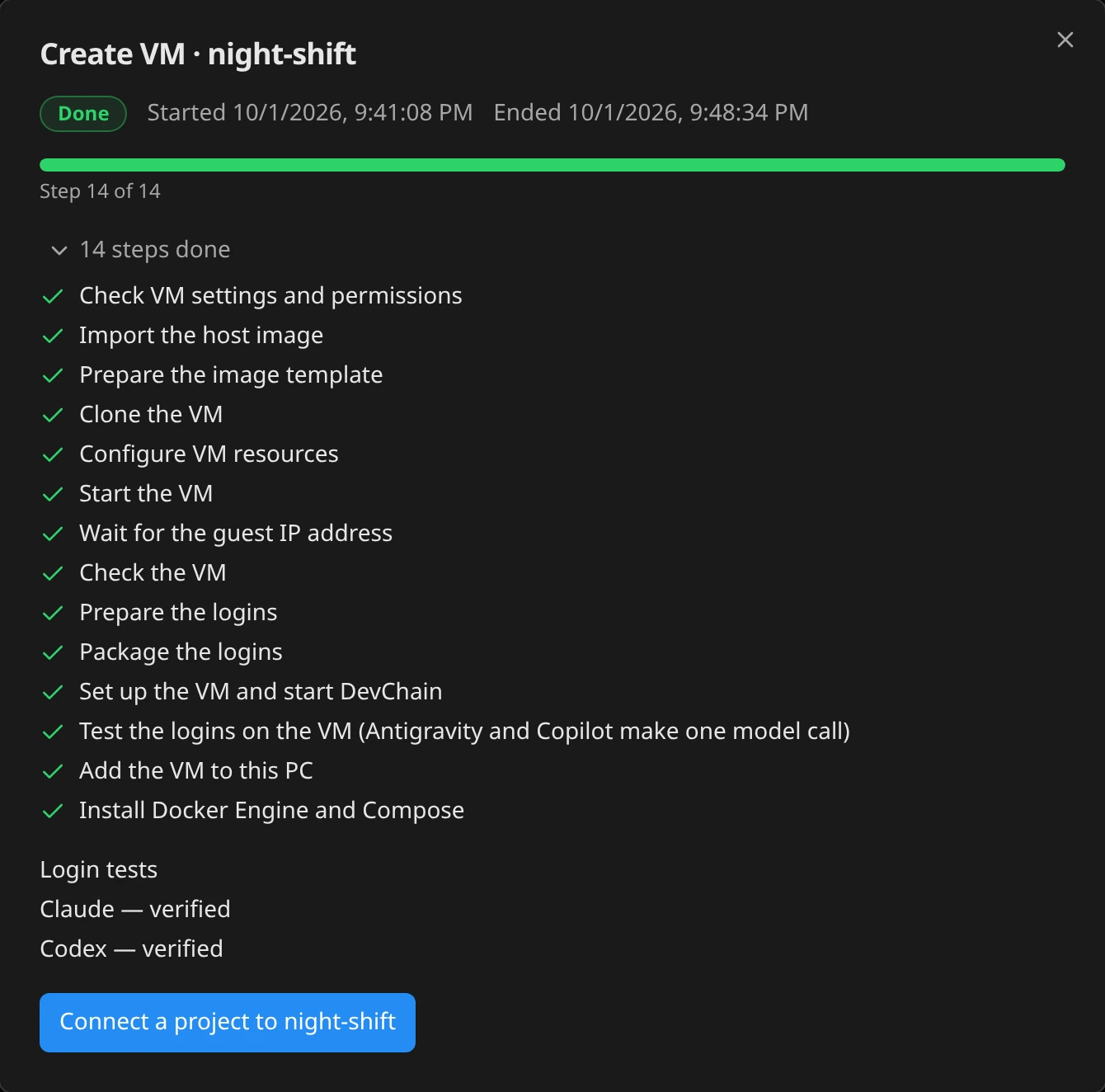 Activity for Create VM: every step done, with Connect a project to night-shift