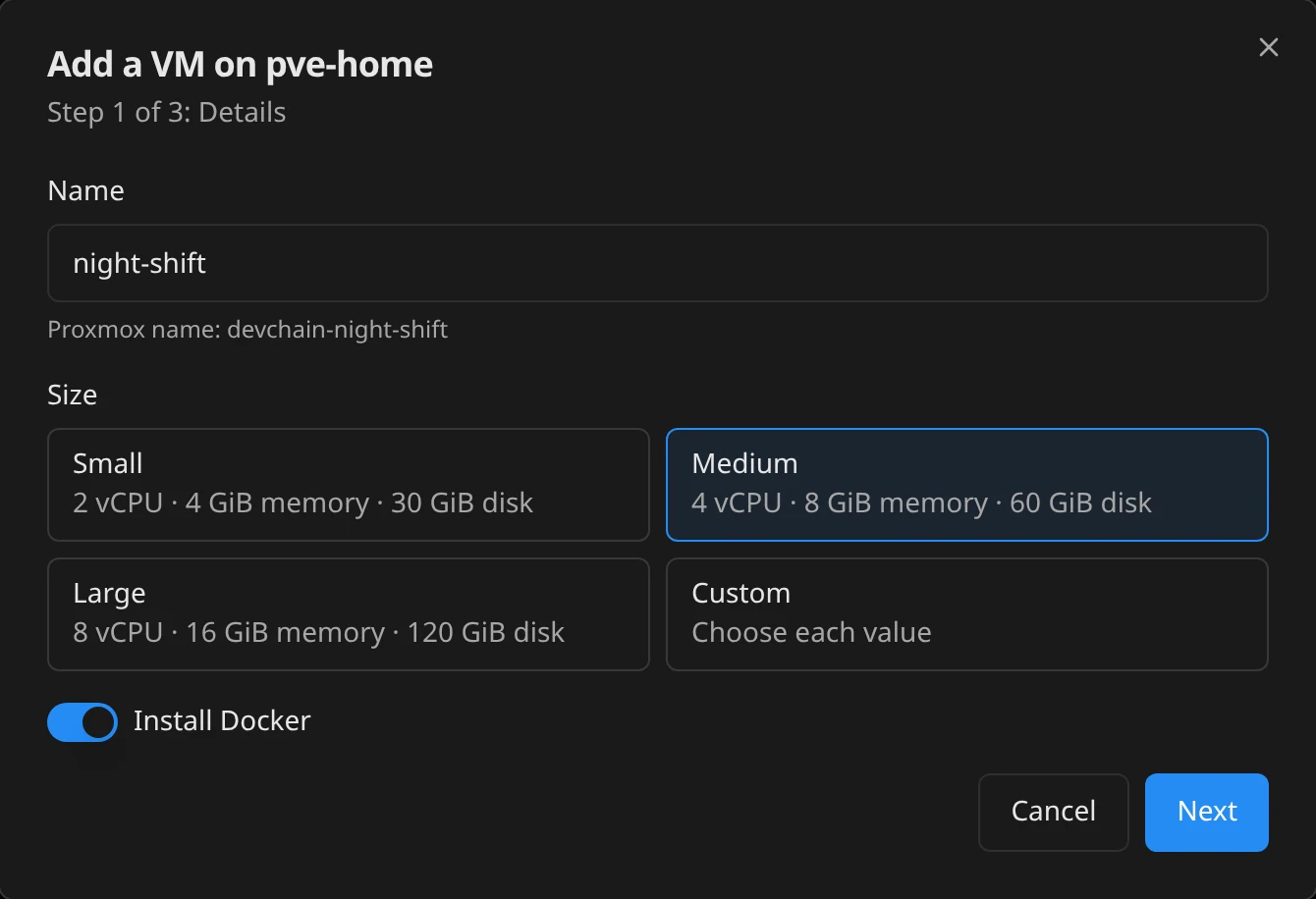 Add a VM on a Proxmox server: the name night-shift and the Medium size