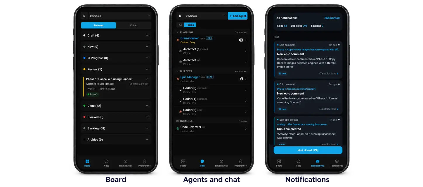 Three phones with the DevChain mobile app: Board, Agents and chat, and Notifications