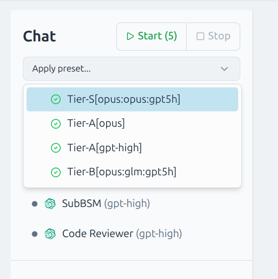 Preset dropdown showing available agent configurations: Tier-S, Tier-A, and Tier-B presets
