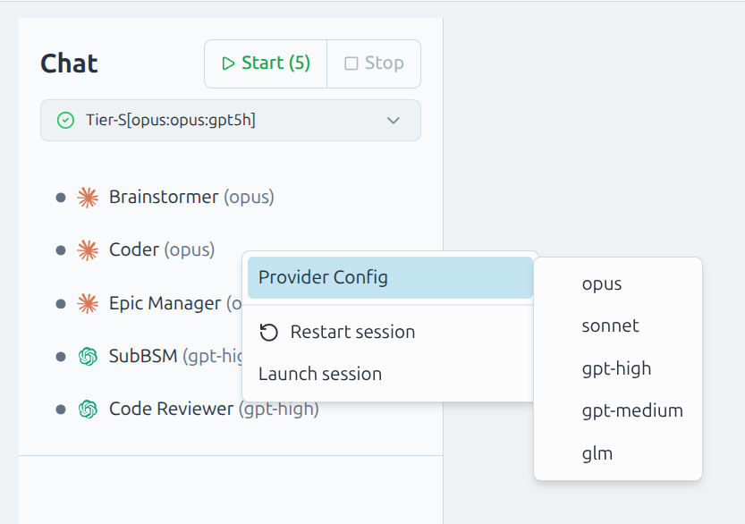 Per-agent provider config switching via context menu