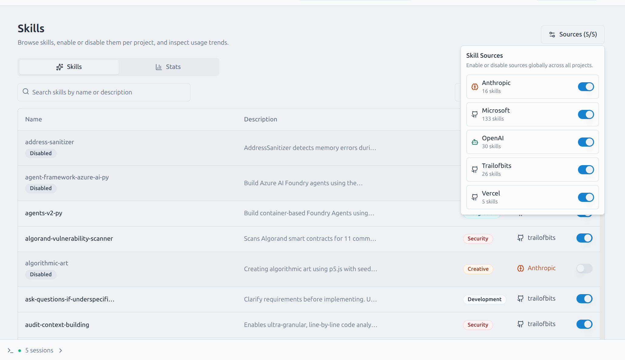 Skills management page showing the skills list with source toggles, category badges, and the Sources popover for enabling or disabling skill providers