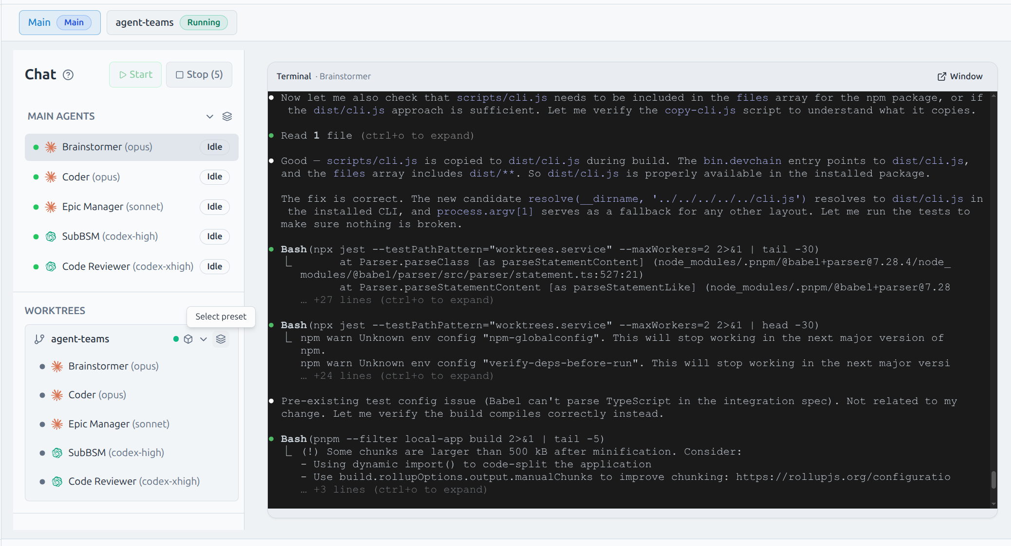 Chat UI showing worktree tabs at the top, with the full agent team running in the agent-teams worktree