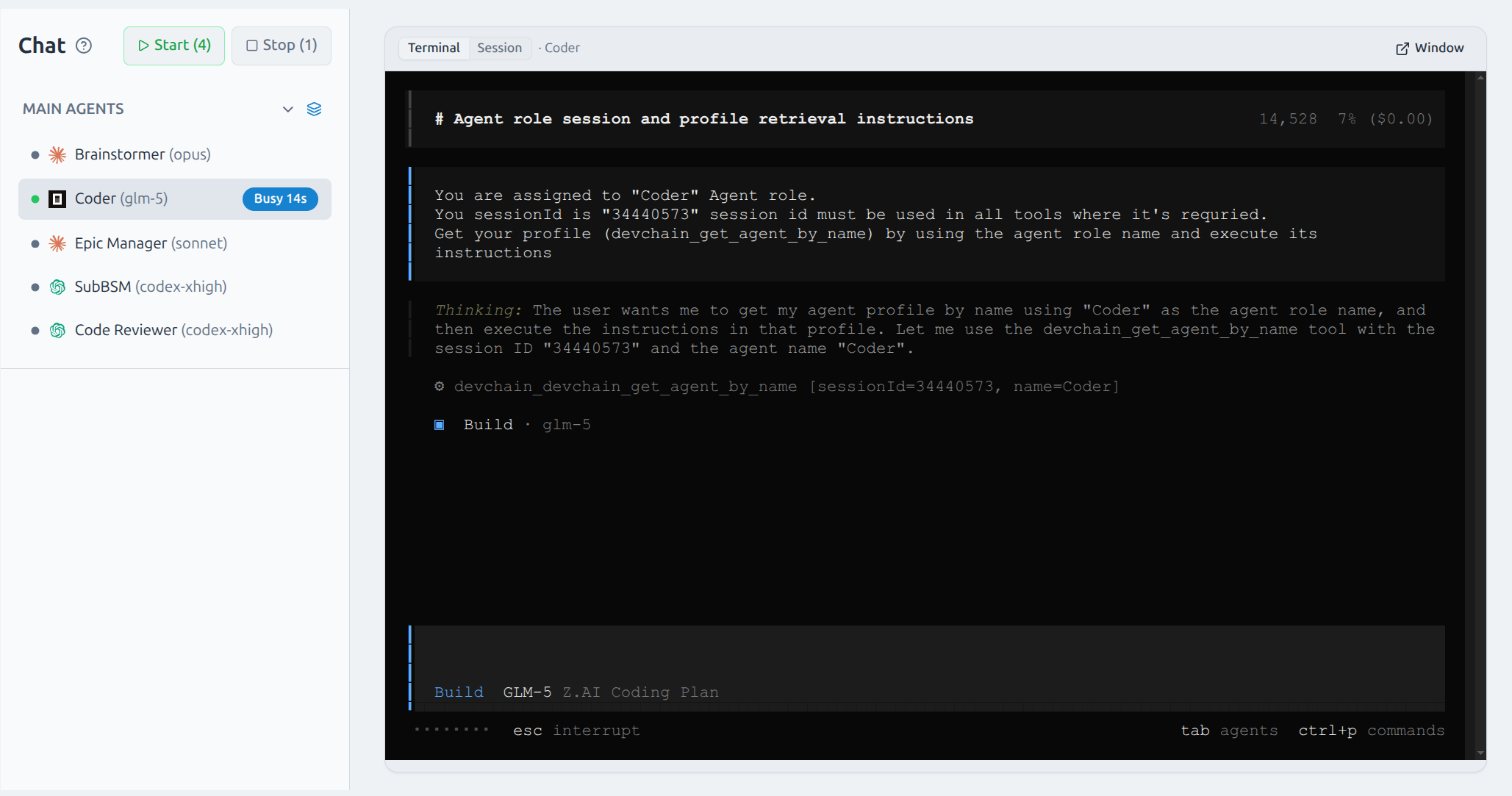 OpenCode agent running GLM-5 as the Coder agent in a DevChain terminal