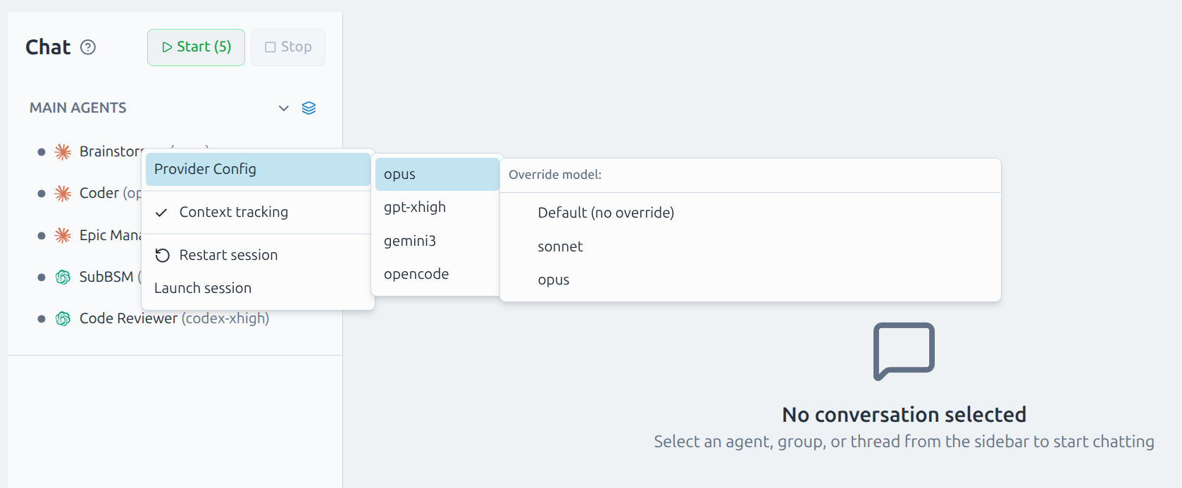 Context menu showing Provider Config with provider list and model override options