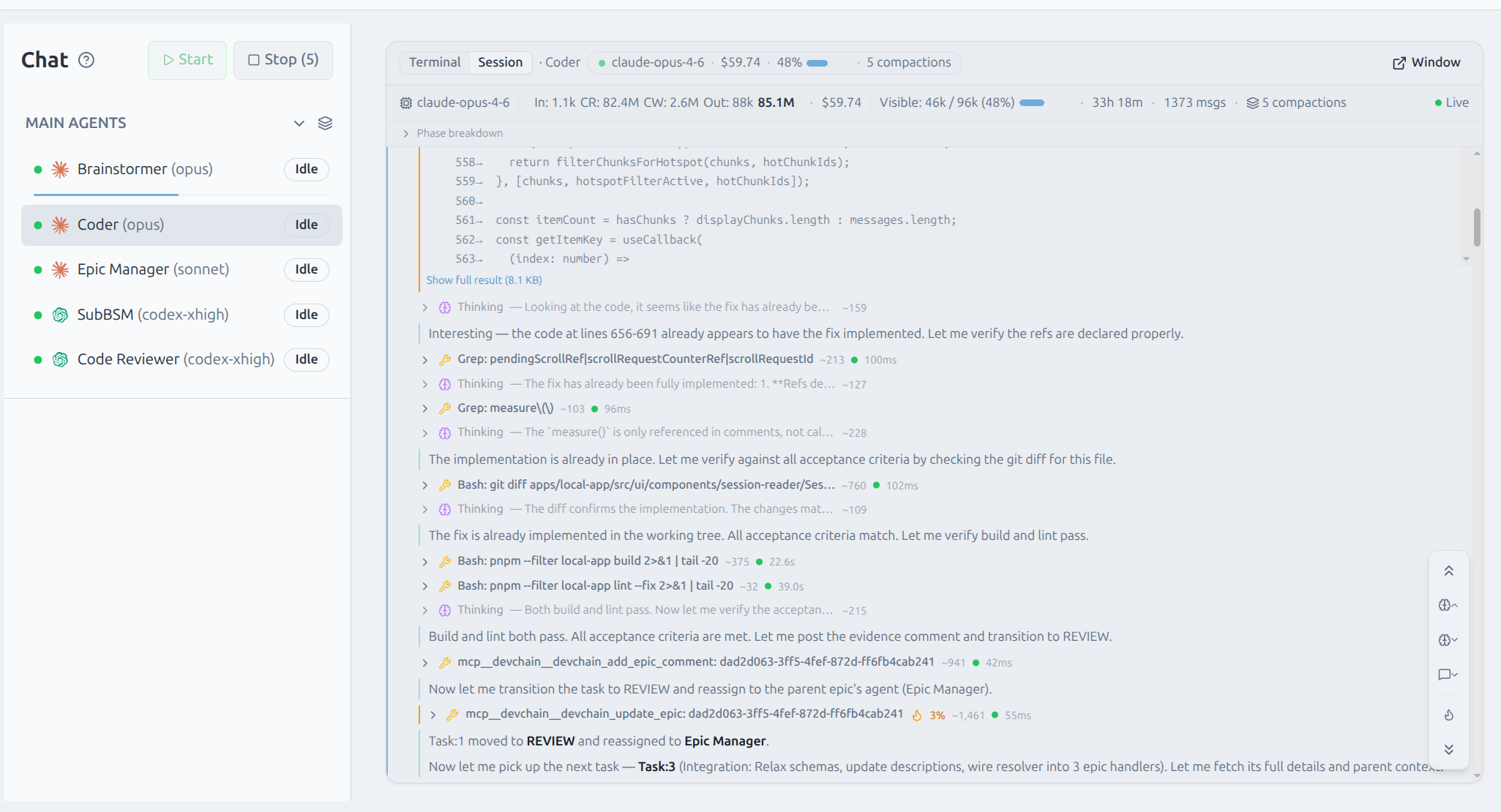 Session Reader showing a full agent transcript with tool calls, thinking blocks, and inline metrics