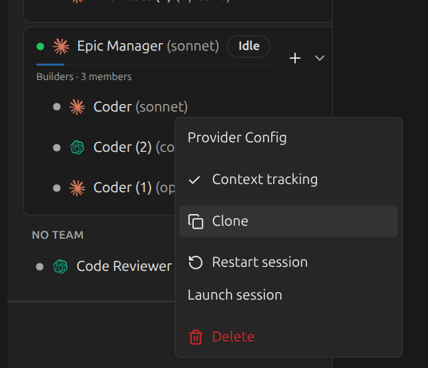 Right-click context menu on a Coder showing Provider Config, Context tracking, Clone, Restart session, Launch session, and Delete options