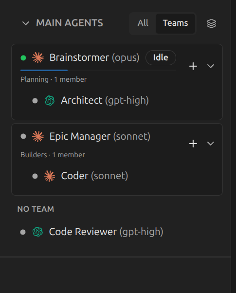 Chat sidebar with the Planning and Builders teams grouped under their leads, plus a Code Reviewer outside any team