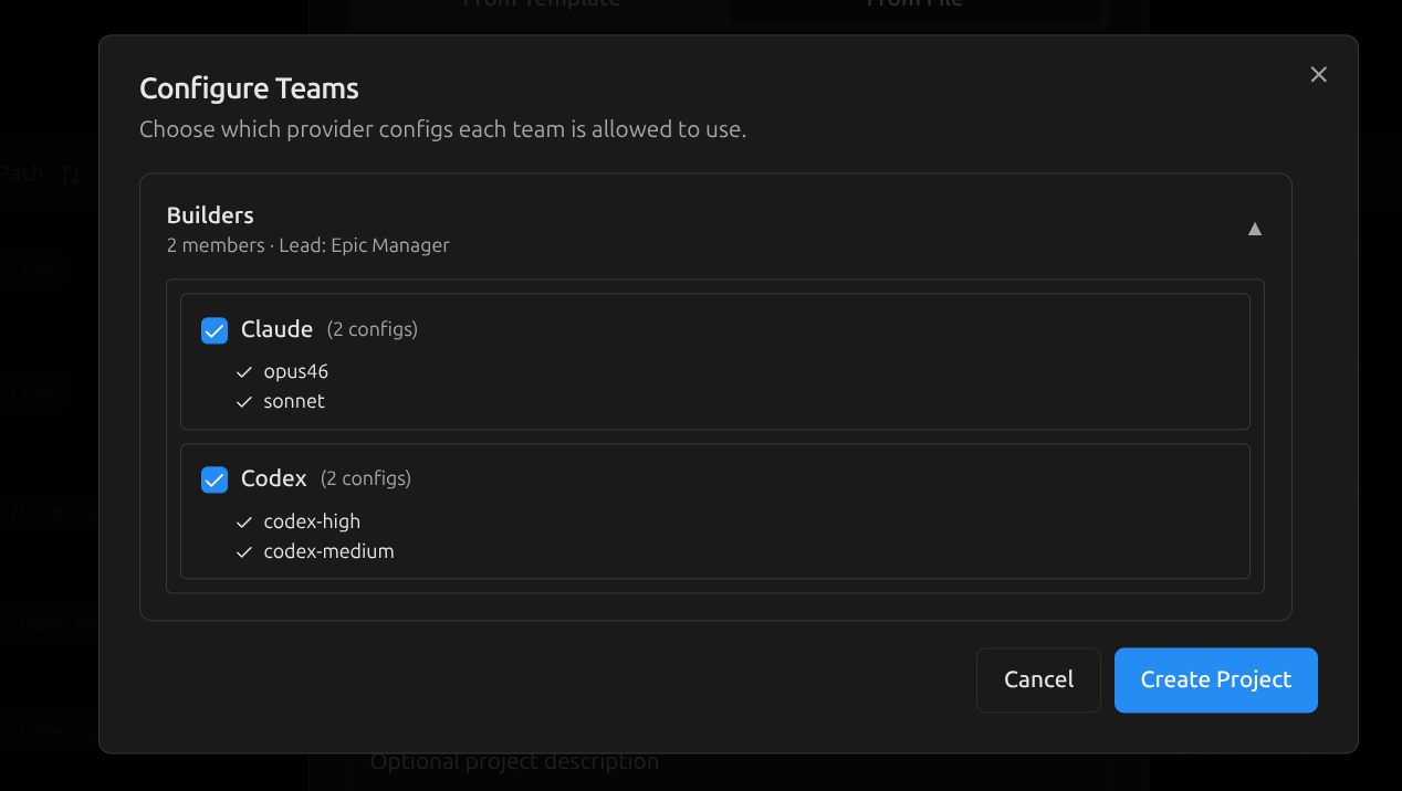 Configure Teams dialog showing the Builders team with Claude (opus46, sonnet) and Codex (codex-high, codex-medium) configs both selected