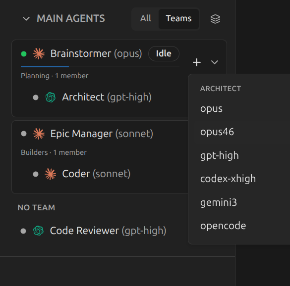 Provider config dropdown after clicking + on the Planning team — opus, opus46, gpt-high, codex-xhigh, gemini3, opencode