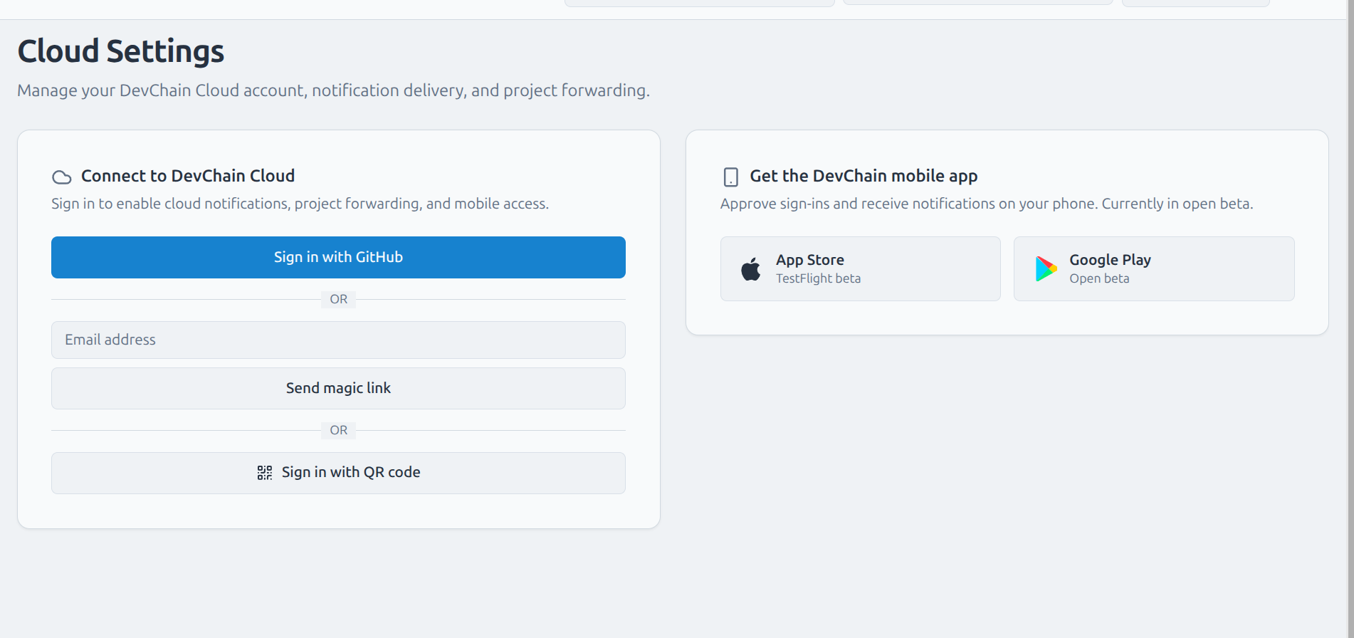 DevChain Cloud Settings page with Connect to DevChain Cloud options (GitHub, email magic link, QR code) and a Get the DevChain mobile app card