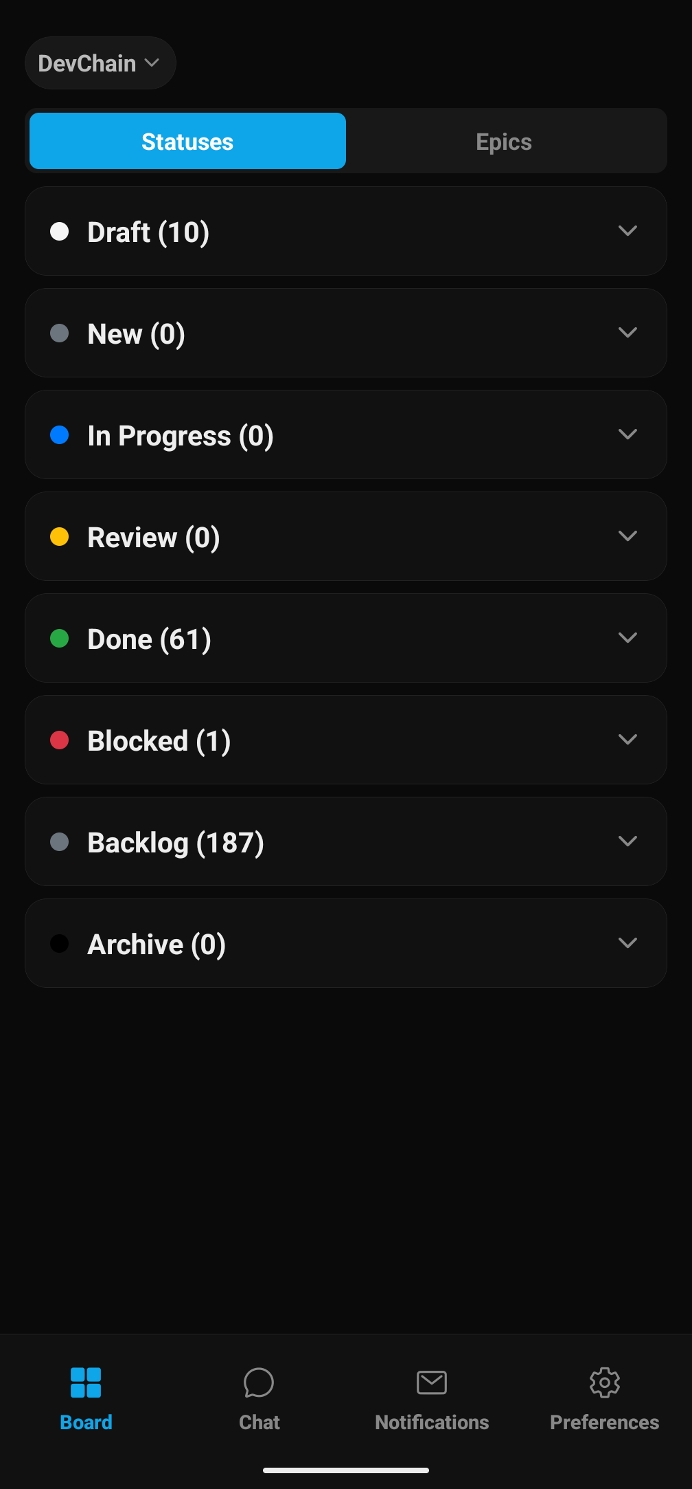 Mobile Board tab showing epic statuses: Draft, New, In Progress, Review, Done, Blocked, Backlog, Archive