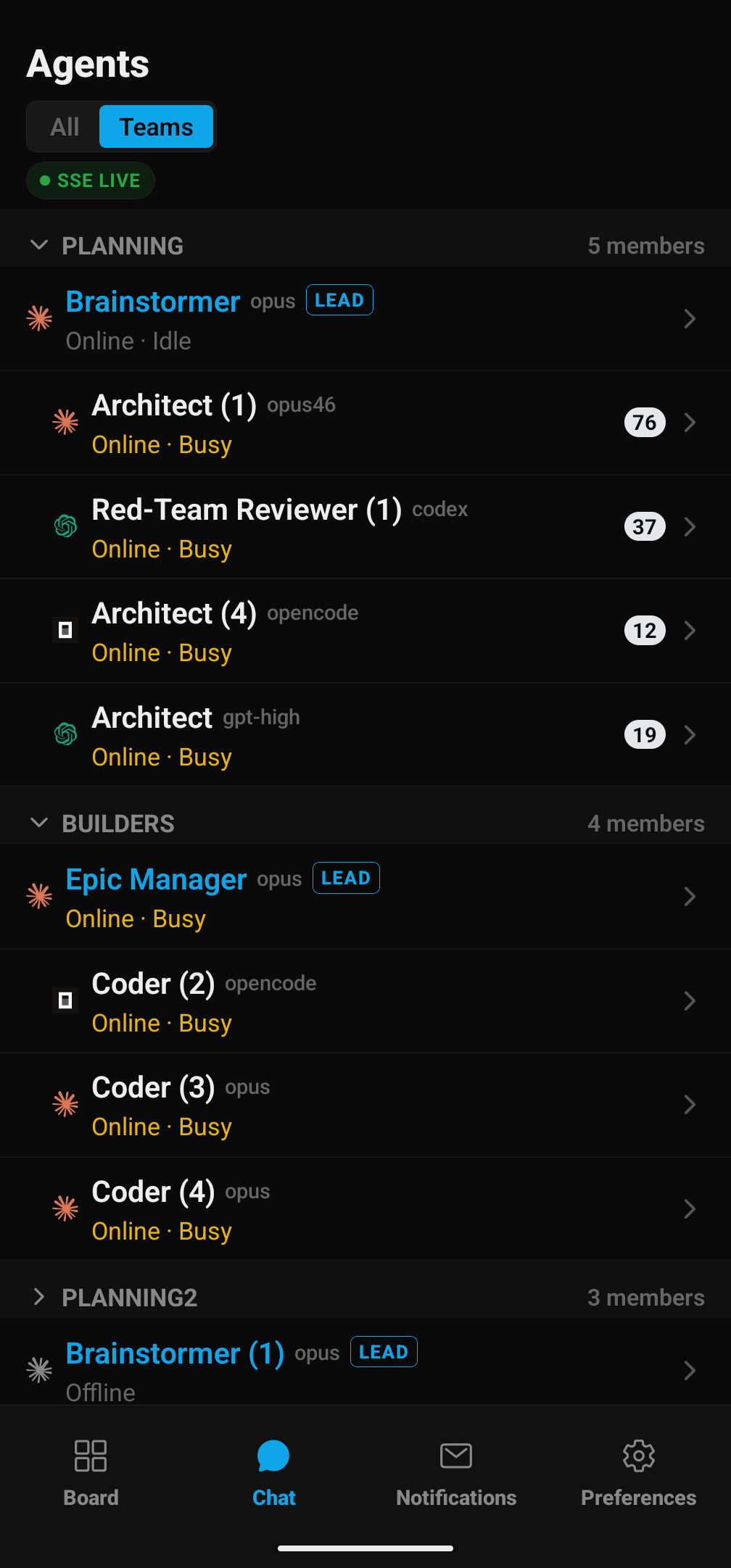 DevChain mobile Chat tab showing Planning and Builders teams with their agents, online/busy status, and provider labels