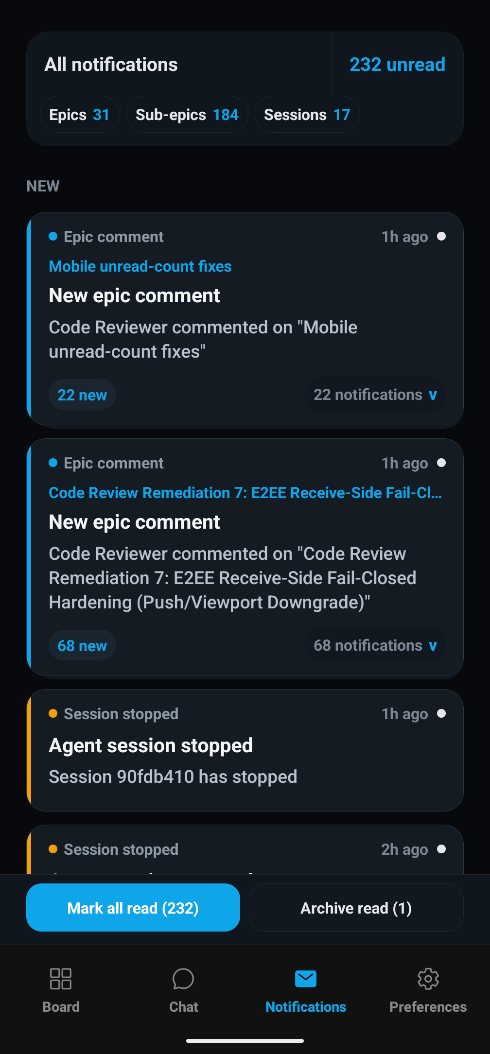 Mobile Notifications tab with unread count, epic/sub-epic/session tabs, and notification cards