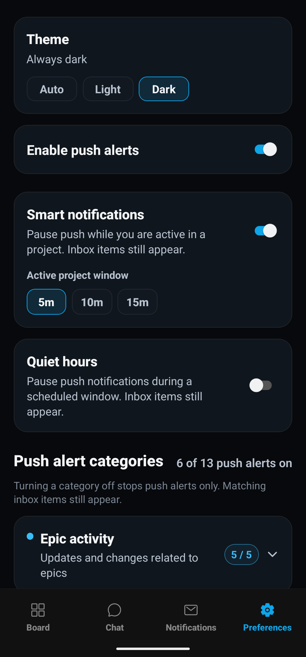 Mobile Preferences tab: theme, enable push alerts, smart notifications, quiet hours, push alert categories
