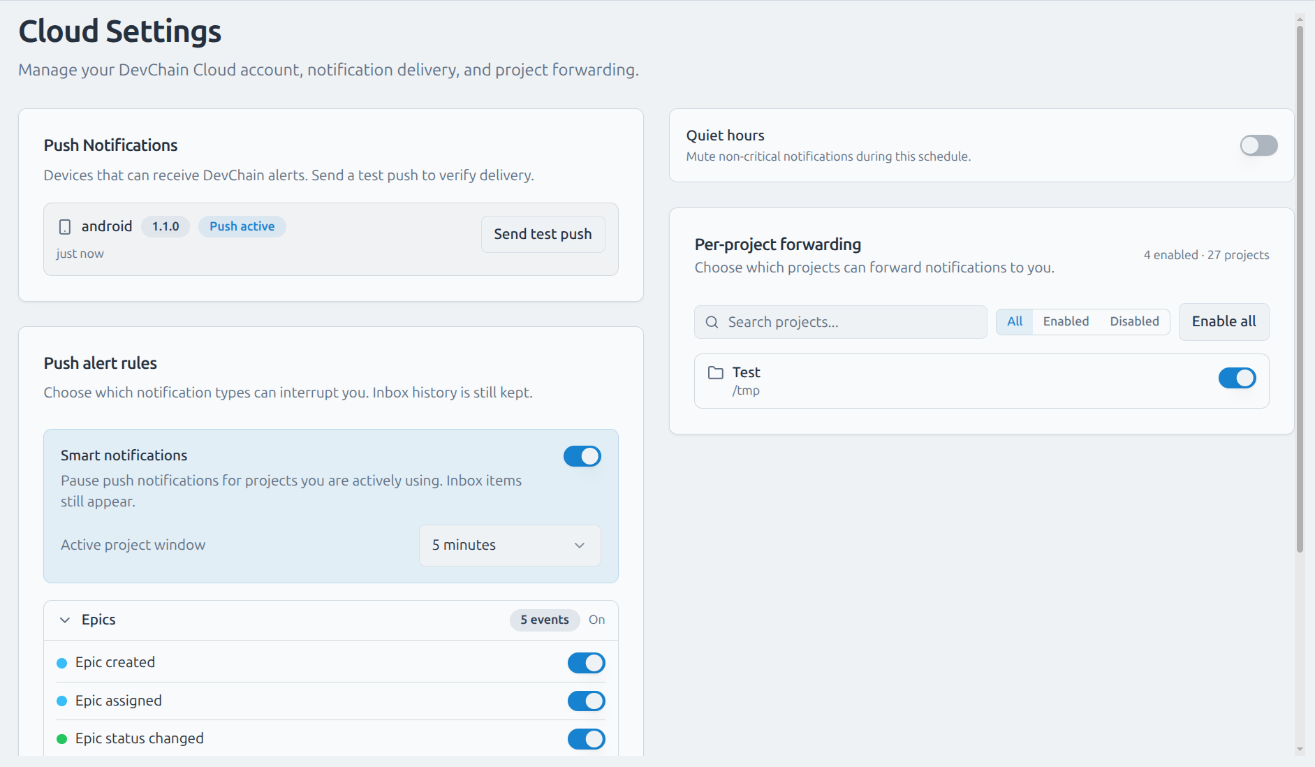 Desktop notification settings: push devices, smart notifications, quiet hours, per-project forwarding, and push alert rules by event type